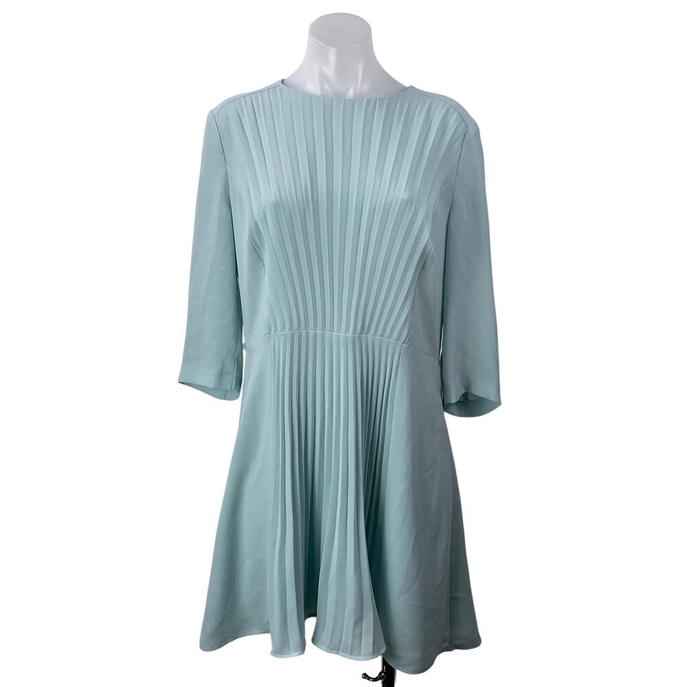 BOSS Hugo Boss Blue 3/4 Sleeve Pleated Plisse Crew Neck A Line Mini Dress Size M